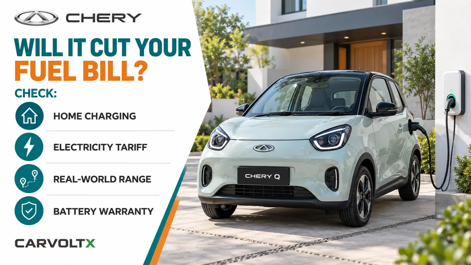 Home charging, electricity tariff, real-world range and warranty checks for Chery Q buyers.