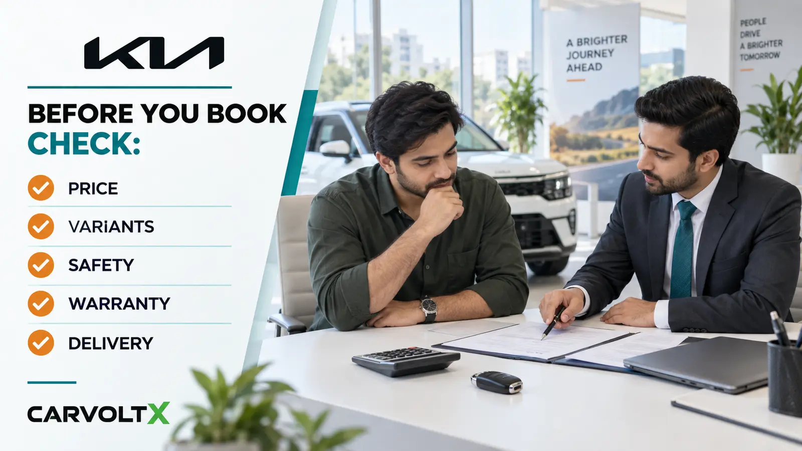 Important price, variant, safety, warranty and delivery checks before booking a new Kia.