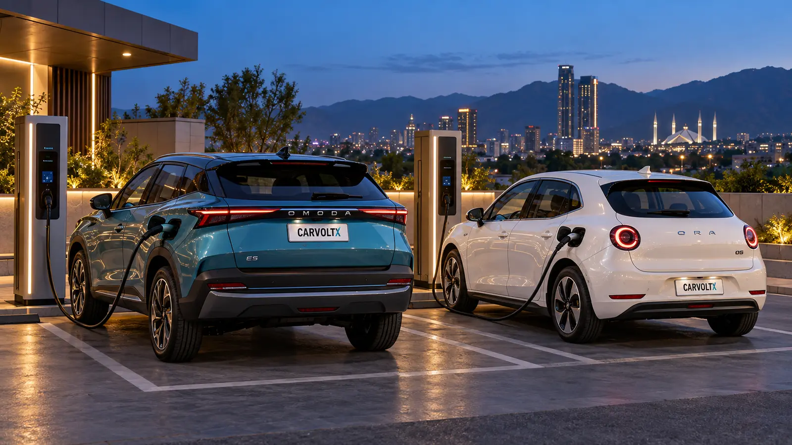 Omoda E5 and ORA 05 connected to public EV chargers